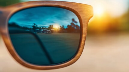 Sunglasses Reflection: A close-up view of wooden sunglasses with a reflective lens capturing a vibrant sunset scene, evoking a sense of summer and leisure. 