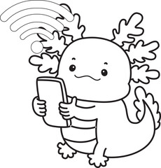 Outline of Illustration of cute axolotl activities icon.
Lineart of Funny pink axolotl in daily routine stickers.
