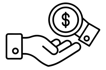 A collection of minimalist business and finance line icons in black outline style. This vector set includes icons of handshakes, giving and receiving money, charity donations, holding coins, financial