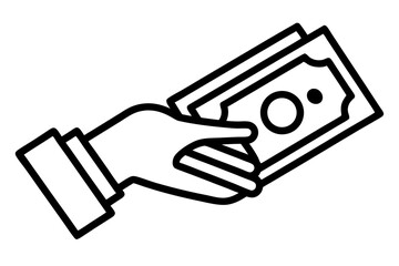 A collection of minimalist business and finance line icons in black outline style. This vector set includes icons of handshakes, giving and receiving money, charity donations, holding coins, financial