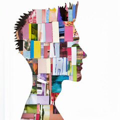 Abstract colorful silhouette of a guy in profile made in collage technique isolated on a white background