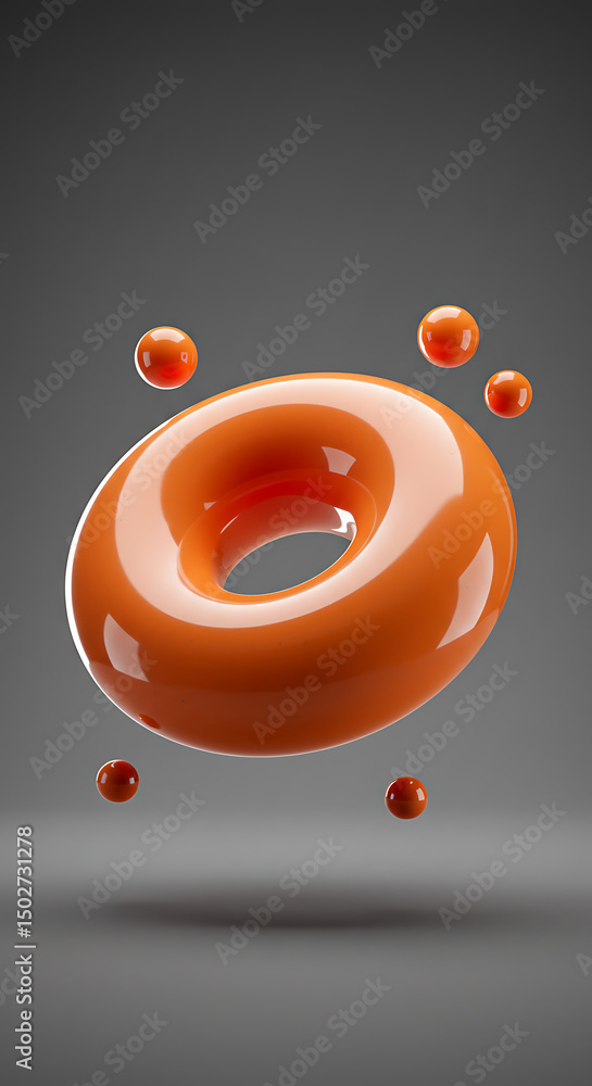 Poster abstract orange torus shape with floating spheres 3d render modern design geometric