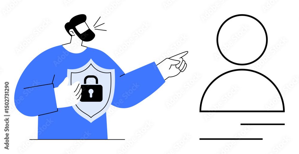 Poster man holding shield with lock warning of threats to personal profile and privacy. ideal for cybersecu