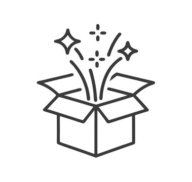 Gift box open icon in line style, Magic box and magic stars, Surprise symbol. vector illustration