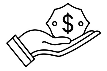 A collection of minimalist business and finance line icons in black outline style. This vector set includes icons of handshakes, giving and receiving money, charity donations, holding coins, financial