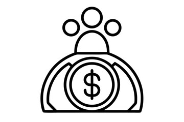 A collection of minimalist business and finance line icons in black outline style. This vector set includes icons of handshakes, giving and receiving money, charity donations, holding coins, financial