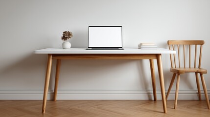 minimalist workspace with laptop, white desk, blank screen, white wall, no clutter