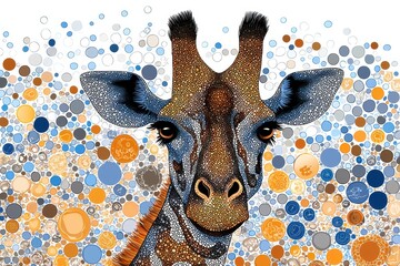 Giraffe Head Illustrated in Pointillism Style with Intricate Detail Blue and Orange Dots