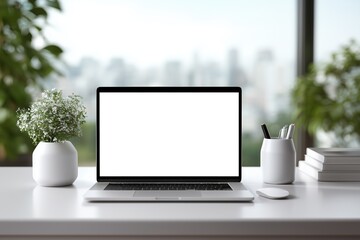 Fototapeta premium clean white room, laptop on right side of table, blank white screen, front view 