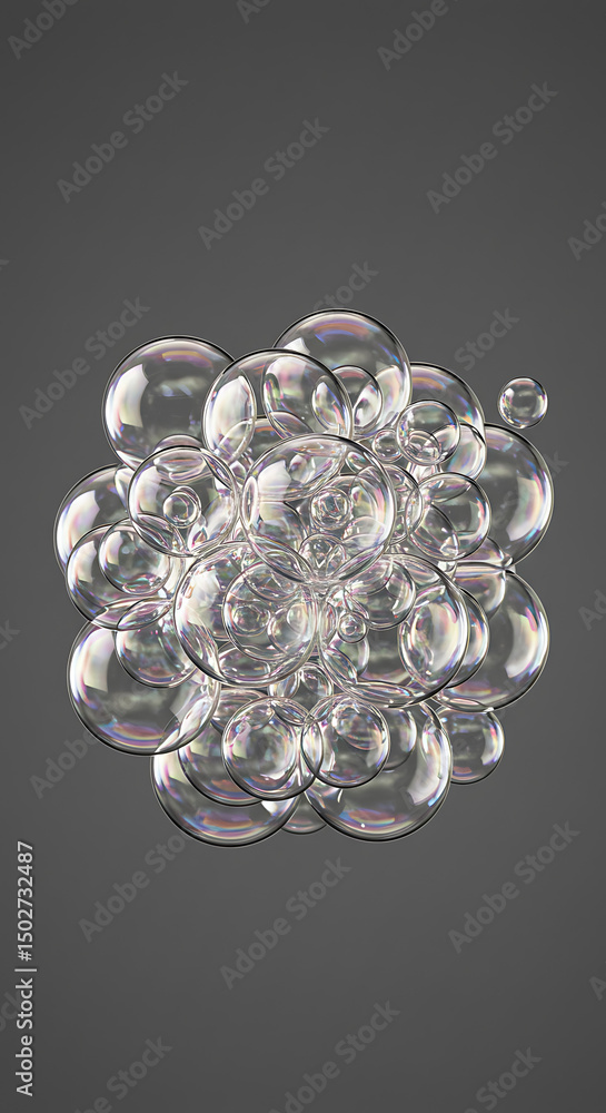 Poster cluster of iridescent soap bubbles floating on grey background abstract macro photography clean