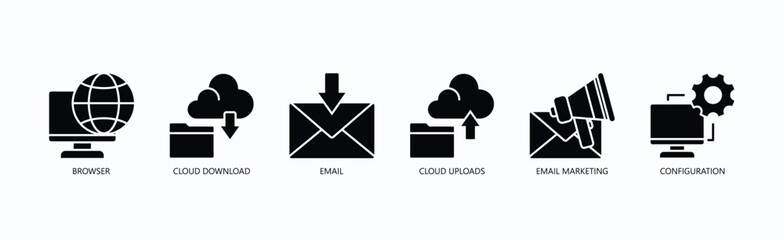 Digital Essentials Pack Icon Set Isolated Vector With Icon Of Browser, Cloud Download, Email, Cloud Uploads, Email Marketing, Configuration In Glyph Style