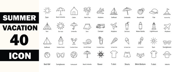 Summer Vacation icon set. Holiday related icons: travel, beach, surfing, hotel, tourism, landscape, camera, passport, ice cream and more. Editable line icons. Vector