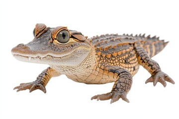 Fototapeta premium Juvenile Crocodilian Close Up, Brown and Tan Scales, White Background