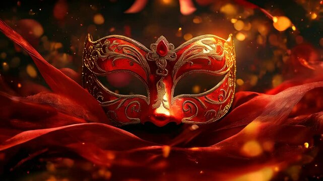 video Carnival celebration featuring a Venetian mask surrounded by abstract defocused bokeh lights and sparkling streamers, embodying the concept of masquerade disguis