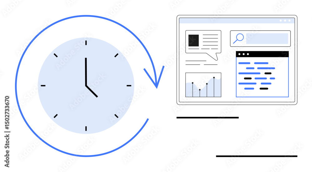 Aufkleber clock encircled by an arrow indicating time flow, next to a digital interface with graphs, text, and