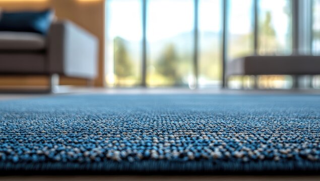 Close-up view of a blue carpet in a modern living room.  Blurred background shows furniture and windows