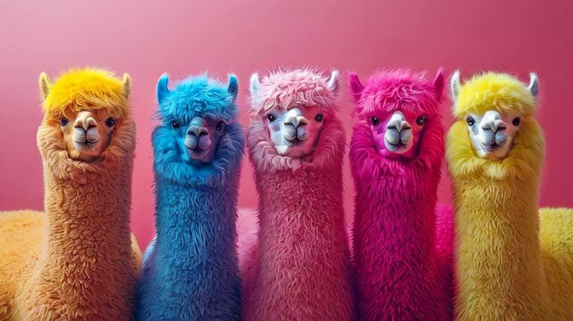 video of A group of alpacas dressed in sparkly, neon-bright rock punk outfits, set against a vibrant backdrop