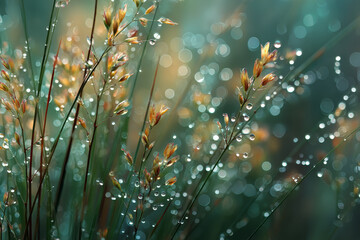 Dew Drops on the Grass with Bokeh Background. Generative AI