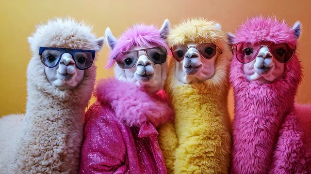 video of A group of alpacas dressed in sparkly, neon-bright rock punk outfits, set against a vibrant backdrop