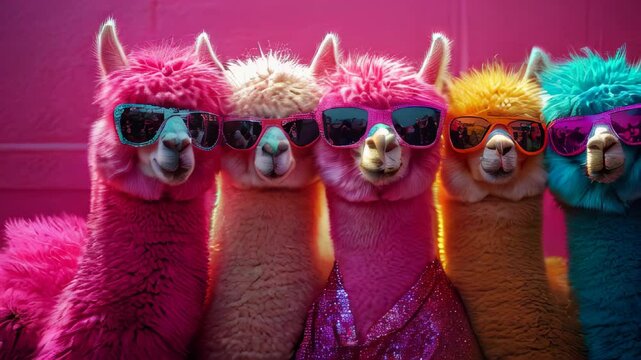 video of A group of alpacas dressed in sparkly, neon-bright rock punk outfits, set against a vibrant backdrop