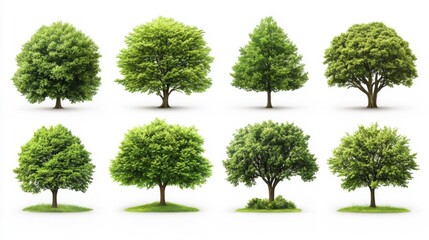 Collection of green trees in various shapes and sizes isolated on a white background suitable for backgrounds and nature themes