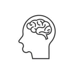 Human head with brain icon, brain symbol in line style isolated on white background, vector illustration