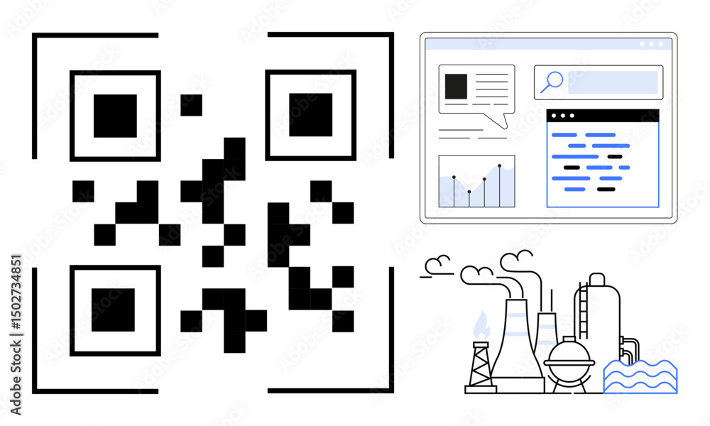 Poster qr code beside a digital analytics dashboard and industrial factory elements connecting technology a