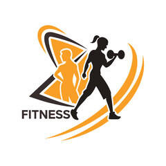 Fitness Gym logo design template with exercising athletic man and woman isolated on white, vector illustration