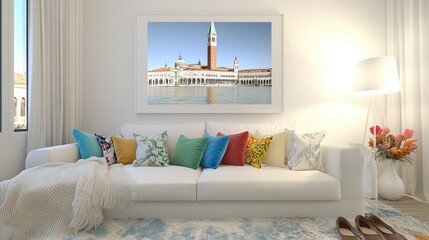 Serene Venetian scene adorns a bright, minimalist living room, complemented by colorful throw pillows and a soft rug