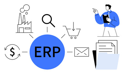 Centralized ERP connecting industry, research, shopping, finance, communication, and documentation tasks. Ideal for business management, planning, integration efficiency logistics data flow flat