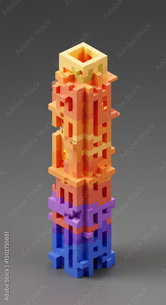 Poster abstract voxel tower colorful 3d block structure geometric design modern architecture