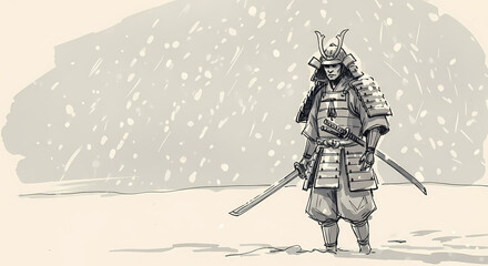 Obraz premium Handdrawn Ink Samurai Warrior in Armor Standing in Snowy Landscape Illustration