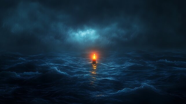 Isolated candle flame adrift on a stormy ocean, symbolizing resilience and hope - Powered by Adobe
