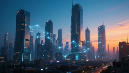 Futuristic Cityscape with Digital Network Overlay