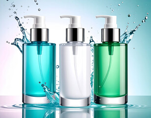 Three sleek cosmetic pump bottles, each filled with vibrant blue, clear, and green liquids, are surrounded by splashing water. The refreshing and clean design conveys freshness and luxury.
