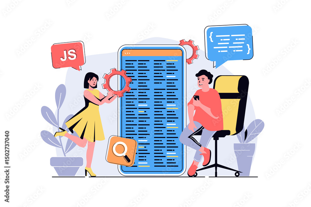Poster app development web concept with cartoon people design. man and woman creating mobile interface layo