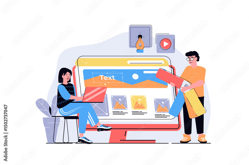 Poster web design concept with cartoon people design. man and woman programming and creating site layout wi