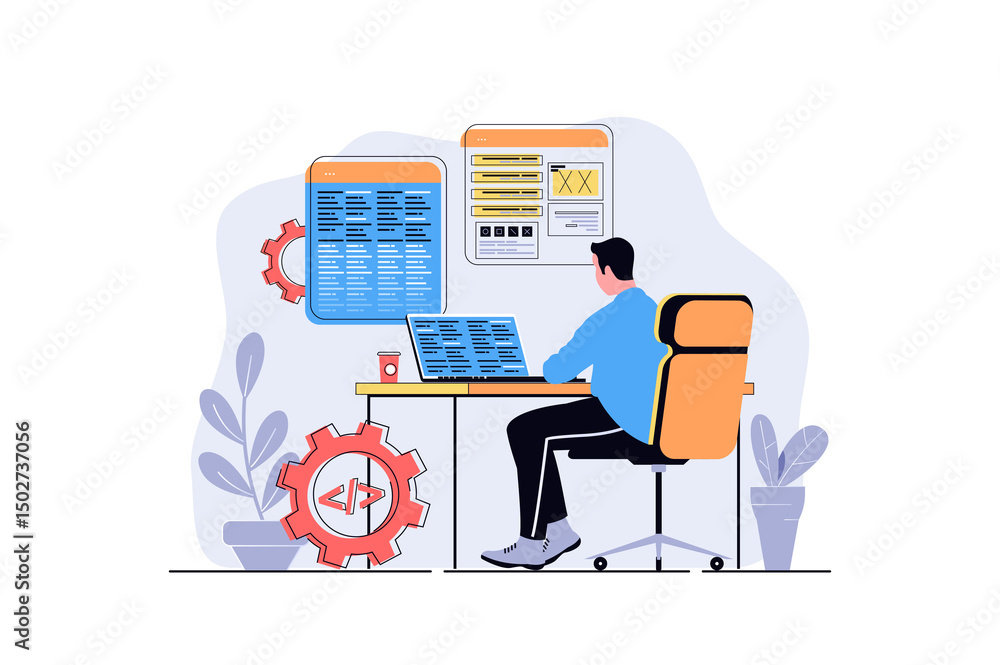 Poster Programmer working web concept with cartoon people design. Man programming software at laptop, engineering and coding, making optimization. Flat illustration isolated on white background.