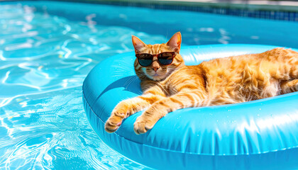 A cool ginger cat lounges on a bright blue pool float, basking in the sun and wearing sunglasses. The scene is playful and sunny, with rippling pool water in the background.