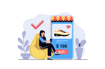 Online shopping web concept with cartoon people design. Woman choosing new shoes, making purchases at discount prices, ordering goods in app. Flat illustration isolated on white background.