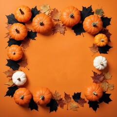 Halloween Flat Lay with Pumpkins, and Autumn Leaves on Orange Background.