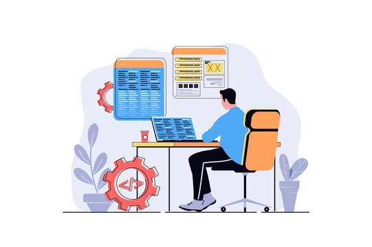 Programmer working web concept with cartoon people design. Man programming software at laptop, engineering and coding, making optimization. Flat illustration isolated on white background.