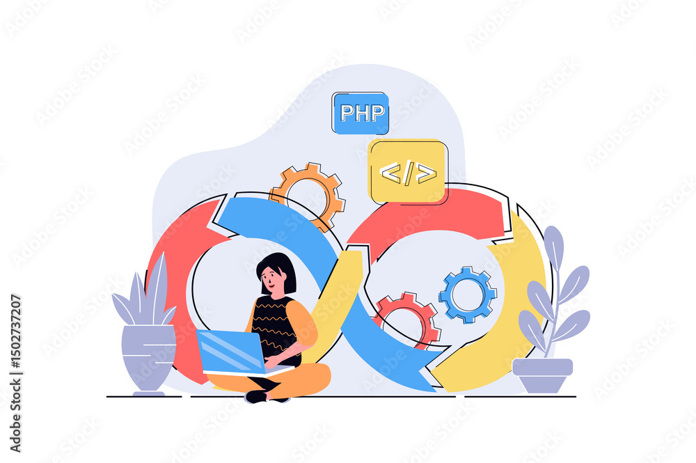 Poster devops web concept with cartoon people design. woman working with programming and management, using 