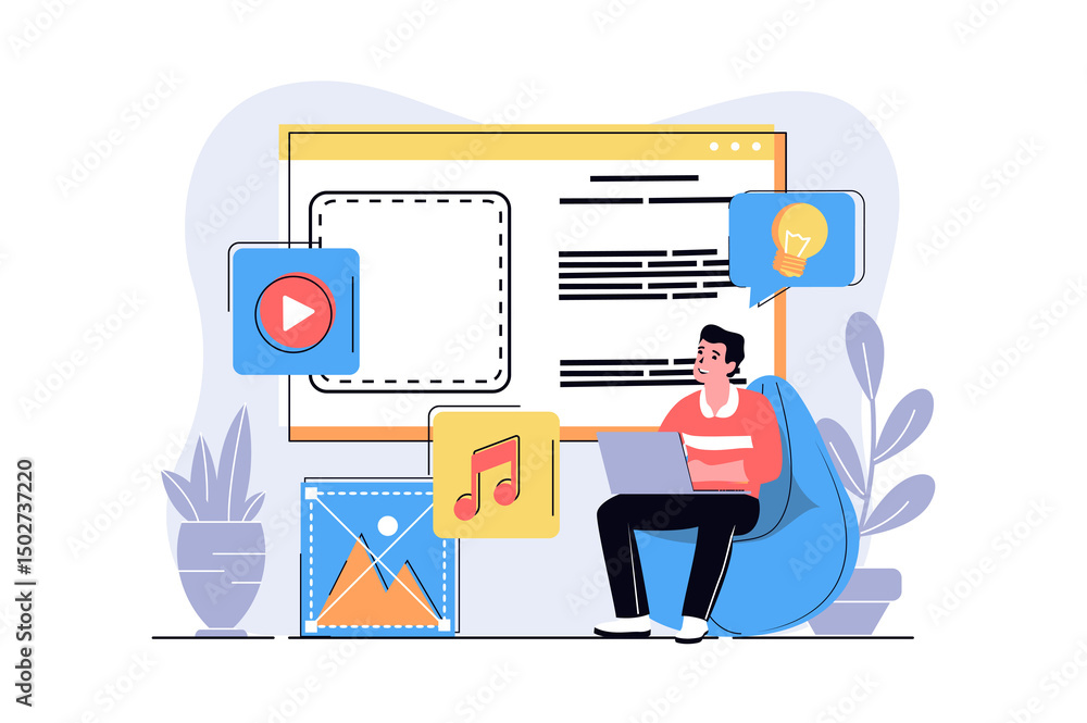 Canvas Prints content manager web concept with cartoon people design. man creating video and audio content for fil