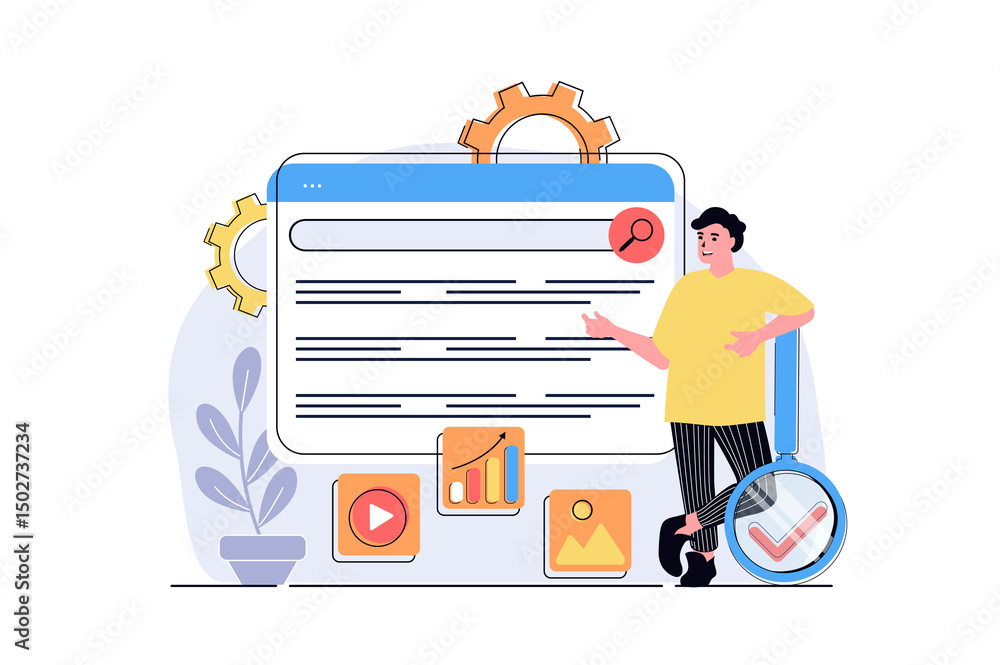Poster seo analysis web concept with cartoon people design. man settings site for search engines, analyzing