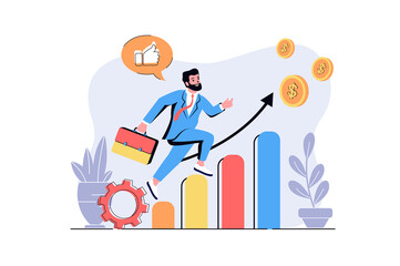 Business growth web concept with cartoon people design. Businessman successfully developing company, increases sales performances at graphs. Flat illustration isolated on white background.