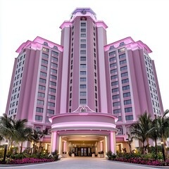 Pink High Rise Hotel at Dusk with Landscaped Gardens