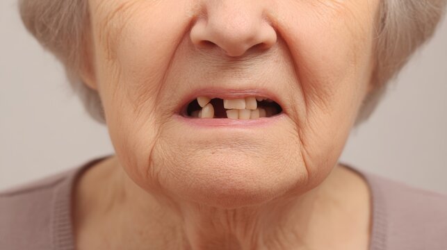 Close-up of elderly chubby woman with toothless mouth and expressive face, showcasing aging, dental health, body positivity, and senior lifestyle with emotional and humanistic visual impact