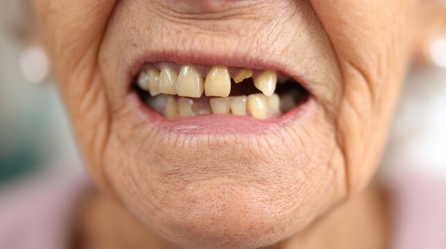 Close-up of elderly chubby woman with toothless mouth and expressive face, showcasing aging, dental health, body positivity, and senior lifestyle with emotional and humanistic visual impact
