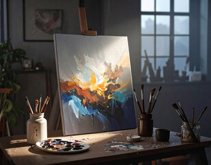 A vibrant abstract painting on an easel in a sunlit art studio. Jars of brushes and a palette with colorful paint add artistic charm to this peaceful and inspiring scene.